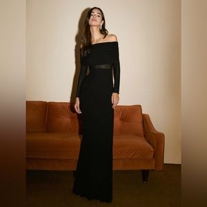 Commense Overfold Off-Shoulder Mesh Long Sleeve Long Dress- black